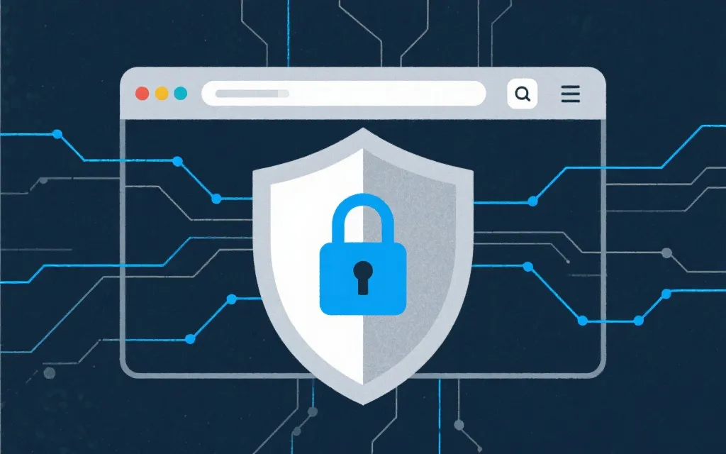 网络安全概念插画:盾牌、锁与浏览器窗口,简洁科技风